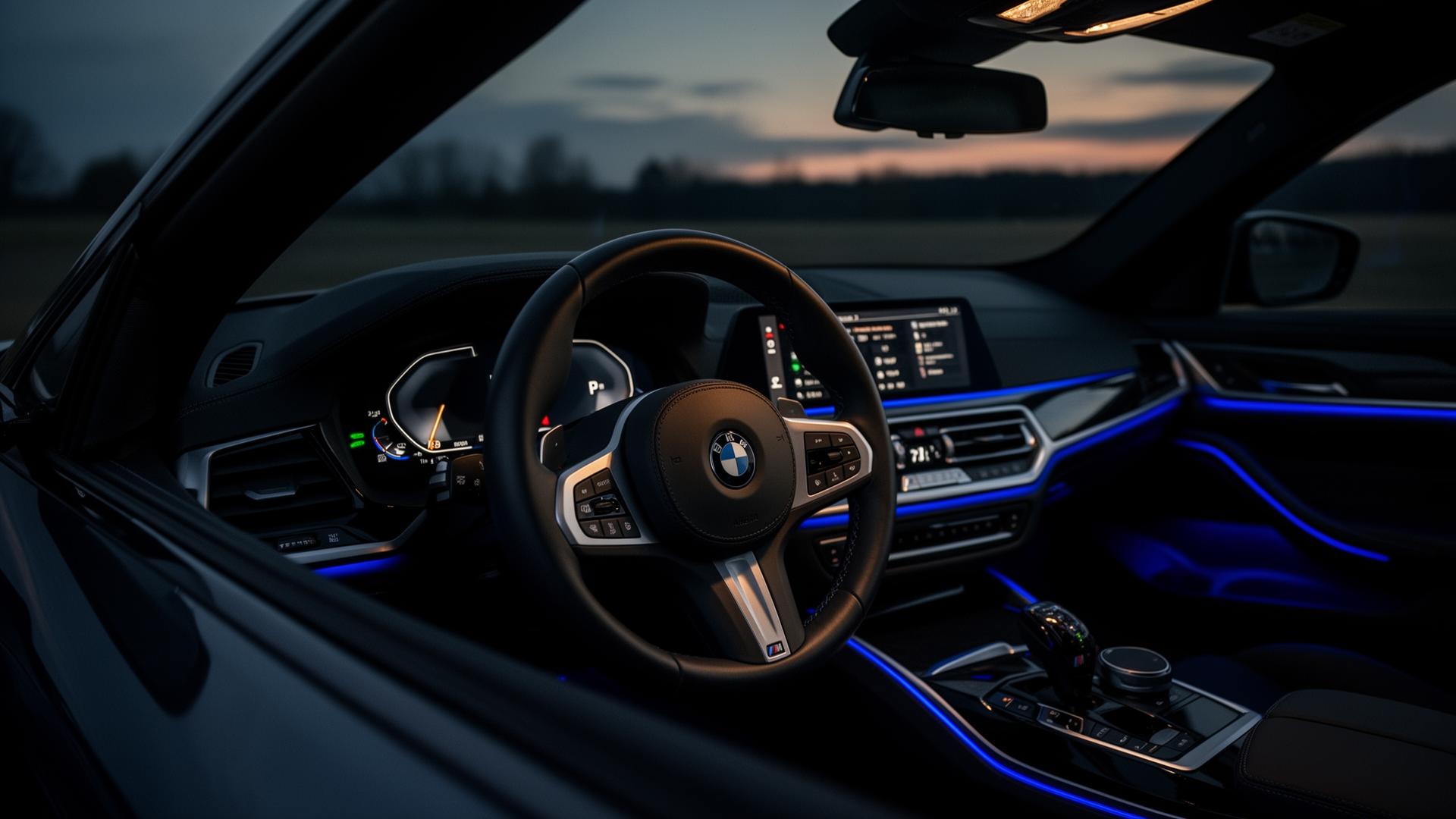 BMW interior with blue ambient lighting after CheapCode coding